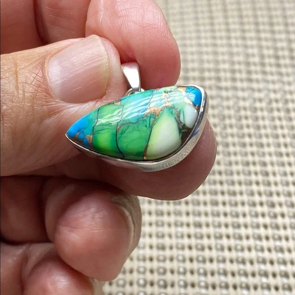 PEACOCK DAHLIA TURQUOISE PENDANT In Solid Sterling Silver 925 - Picture 6 of 7